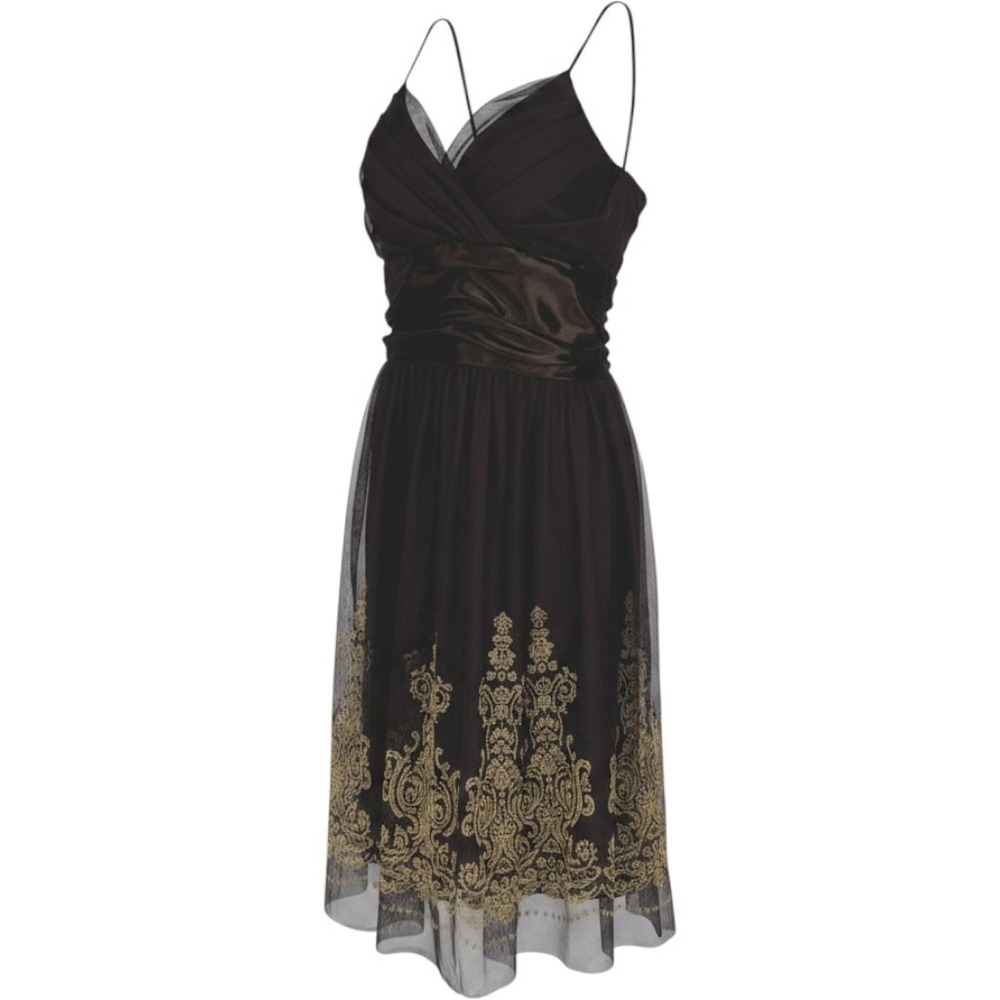 Vintage 90s Brown Mesh Damask Tie Bow Back Dress Size 8 Homecoming Fairy Y2K